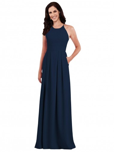 Compre Azul marina oscuro Trompeta Halter Crepé Elástico Largo Vestidos de dama de honor