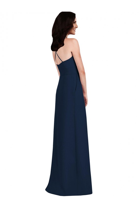 Compre Azul marina oscuro Trompeta Halter Crepé Elástico Largo Vestidos de dama de honor