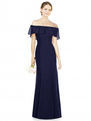 Compre Azul marina oscuro Trompeta Hombros Descubiertos Gasa Largo Vestidos de dama de honor