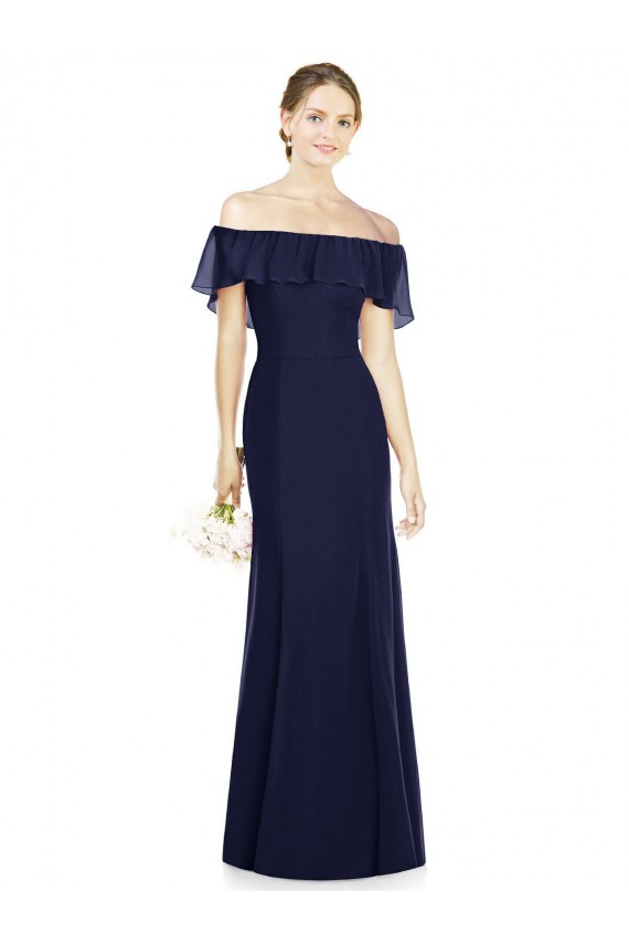 Compre Azul marina oscuro Trompeta Hombros Descubiertos Gasa Largo Vestidos de dama de honor