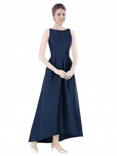 Compre Azul marina oscuro línea A Barco Satén Largo Asimétrico Vestidos de dama de honor