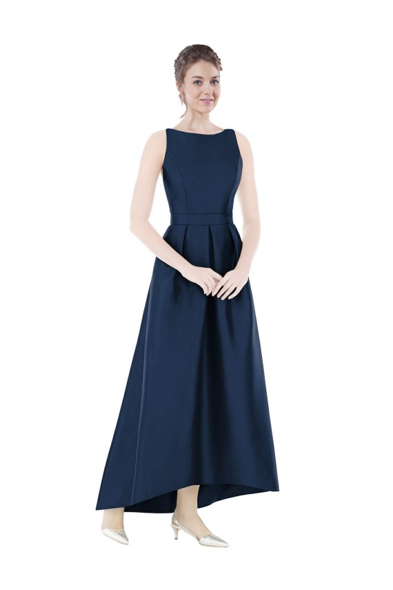 Compre Azul marina oscuro línea A Barco Satén Largo Asimétrico Vestidos de dama de honor