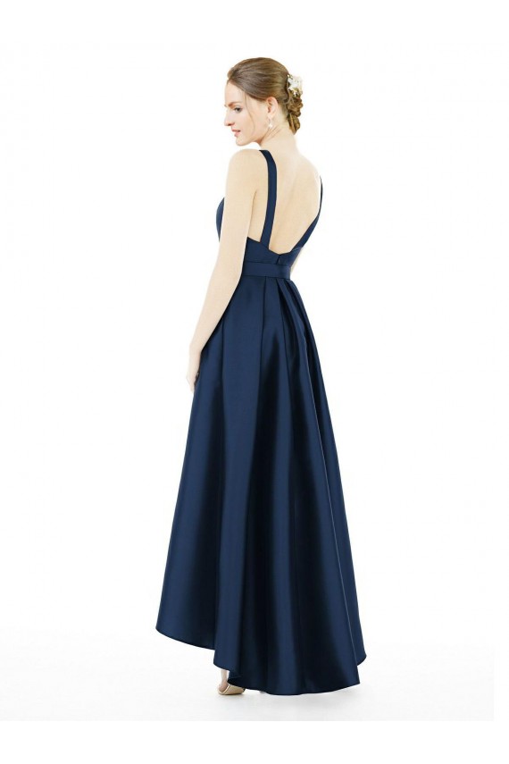 Compre Azul marina oscuro línea A Barco Satén Largo Asimétrico Vestidos de dama de honor