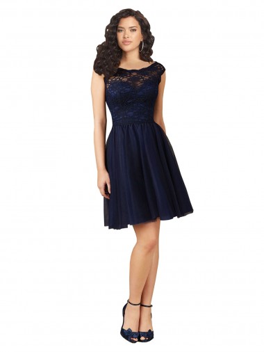 Compre Azul marina oscuro línea A Barco Tul Encaje Corto Vestidos de dama de honor / Vestidos de cóctel