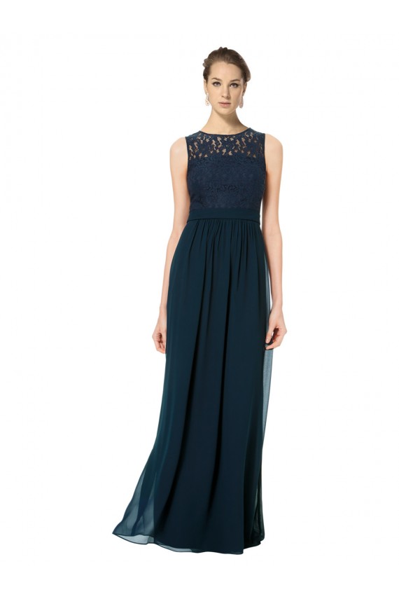 Compre Azul marina oscuro línea A Barco Ilusión Gasa Encaje Largo Vestidos de dama de honor