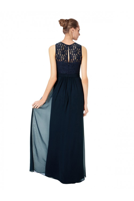 Compre Azul marina oscuro línea A Barco Ilusión Gasa Encaje Largo Vestidos de dama de honor