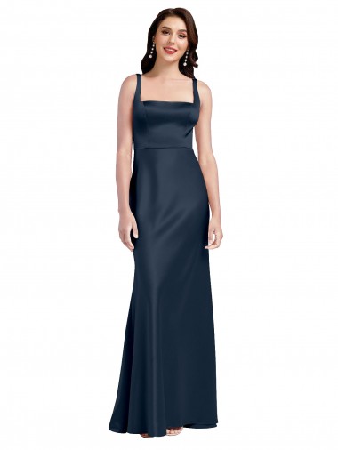 Compre Azul marina oscuro línea A Cuadrado Satén elástico Largo Formales Vestidos de dama de honor / Vestidos de fiesta