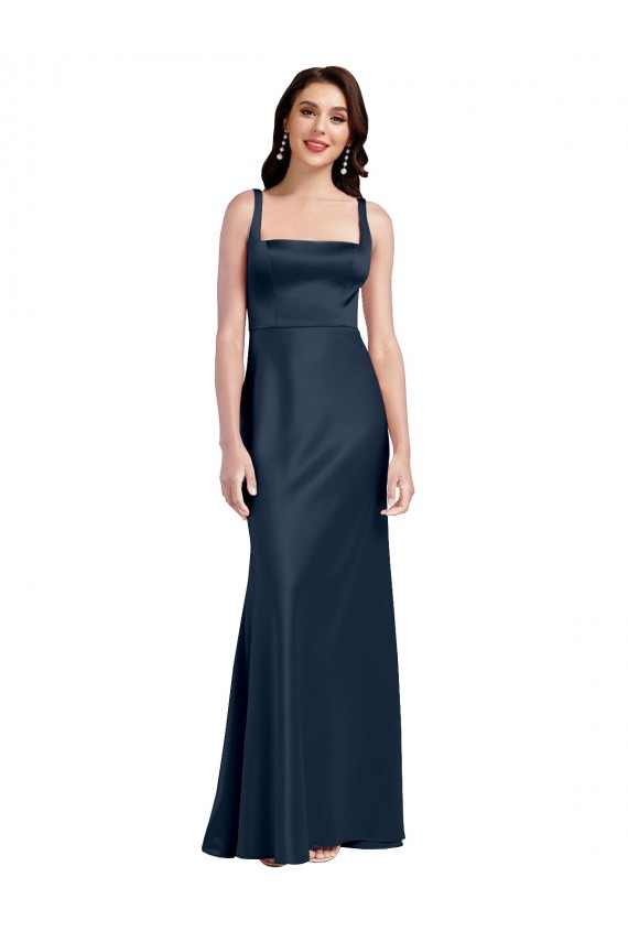 Compre Azul marina oscuro línea A Cuadrado Satén elástico Largo Formales Vestidos de dama de honor / Vestidos de fiesta