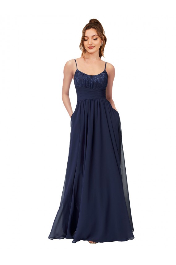 Compre Azul marina oscuro línea A Cucharón Gasa Encaje Largo Vestidos de dama de honor