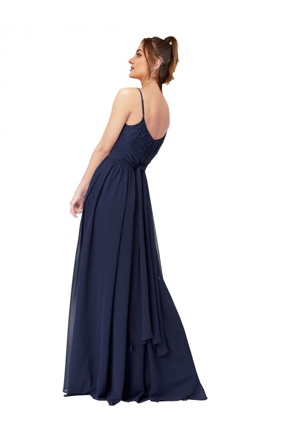 Compre Azul marina oscuro línea A Cucharón Gasa Encaje Largo Vestidos de dama de honor
