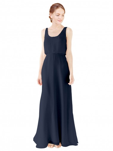 Compre Azul marina oscuro línea A Cucharón Gasa Largo Vestidos de dama de honor