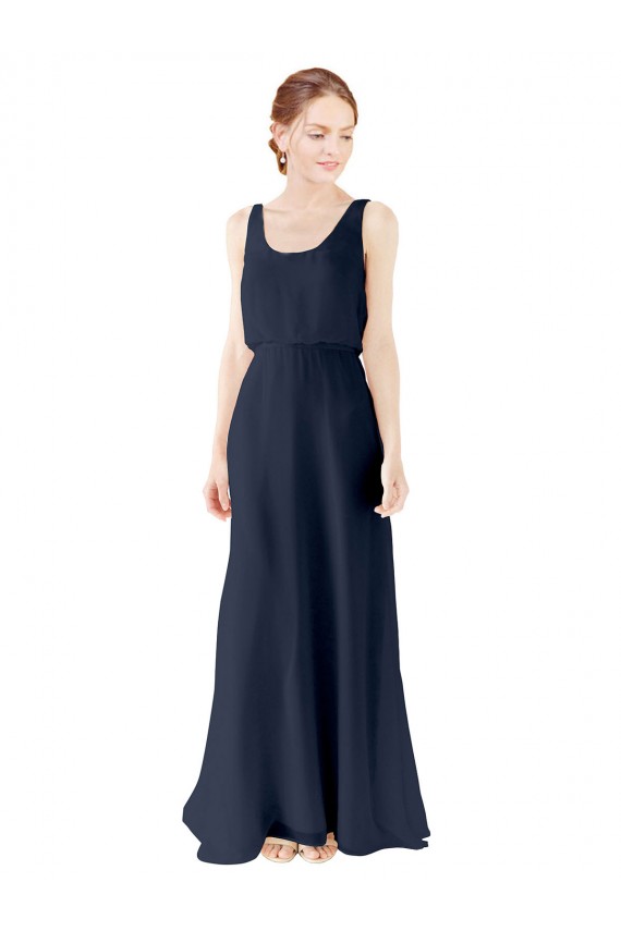 Compre Azul marina oscuro línea A Cucharón Gasa Largo Vestidos de dama de honor