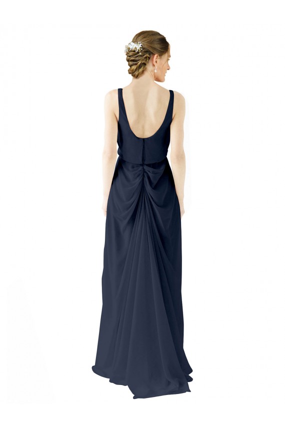 Compre Azul marina oscuro línea A Cucharón Gasa Largo Vestidos de dama de honor