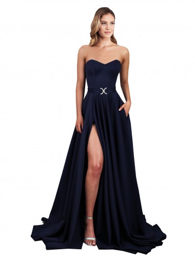 Compre Azul marina oscuro línea A Cuello Alto Crepé Elástico Largo Formales Vestidos de dama de honor / Vestidos de fiesta