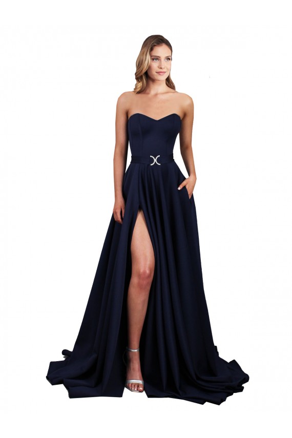 Compre Azul marina oscuro línea A Cuello Alto Crepé Elástico Largo Formales Vestidos de dama de honor / Vestidos de fiesta