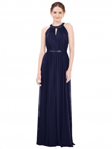 Compre Azul marina oscuro línea A Cuello Alto Gasa Largo Vestidos de dama de honor