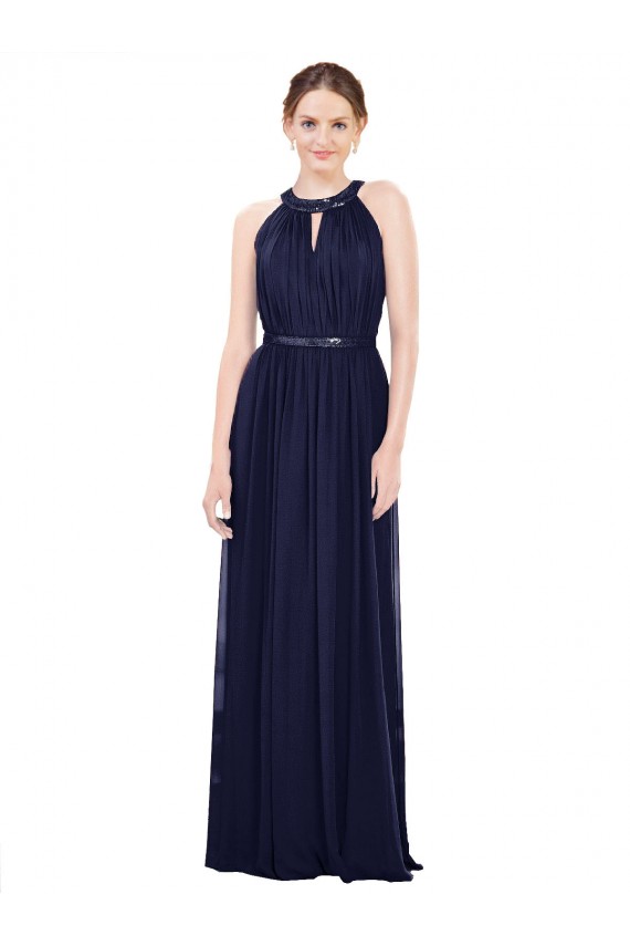 Compre Azul marina oscuro línea A Cuello Alto Gasa Largo Vestidos de dama de honor