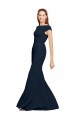 Compre Azul marina oscuro línea A Cuello Barco Crepé Elástico Largo Formales Vestidos de dama de honor / Vestidos de fiesta