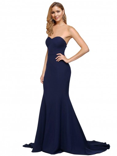 Compre Azul marina oscuro línea A Cuello de Corazón Barrer tren Crepé Elástico Largo Formales Vestidos de dama de honor / Vestidos de fiesta