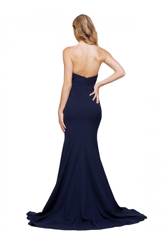 Compre Azul marina oscuro línea A Cuello de Corazón Barrer tren Crepé Elástico Largo Formales Vestidos de dama de honor / Vestidos de fiesta