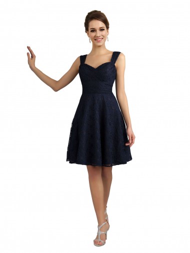 Compre Azul marina oscuro línea A Cuello de Corazón Encaje Corto Vestidos de dama de honor / Vestidos de cóctel