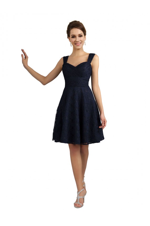 Compre Azul marina oscuro línea A Cuello de Corazón Encaje Corto Vestidos de dama de honor / Vestidos de cóctel