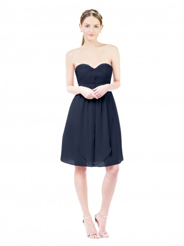 Compre Azul marina oscuro línea A Cuello de Corazón Gasa Corto Vestidos de dama de honor / Vestidos de cóctel