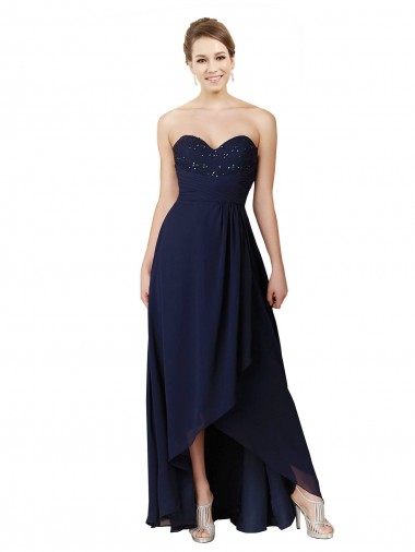 Compre Azul marina oscuro línea A Cuello de Corazón Gasa Largo Asimétrico Vestidos de dama de honor
