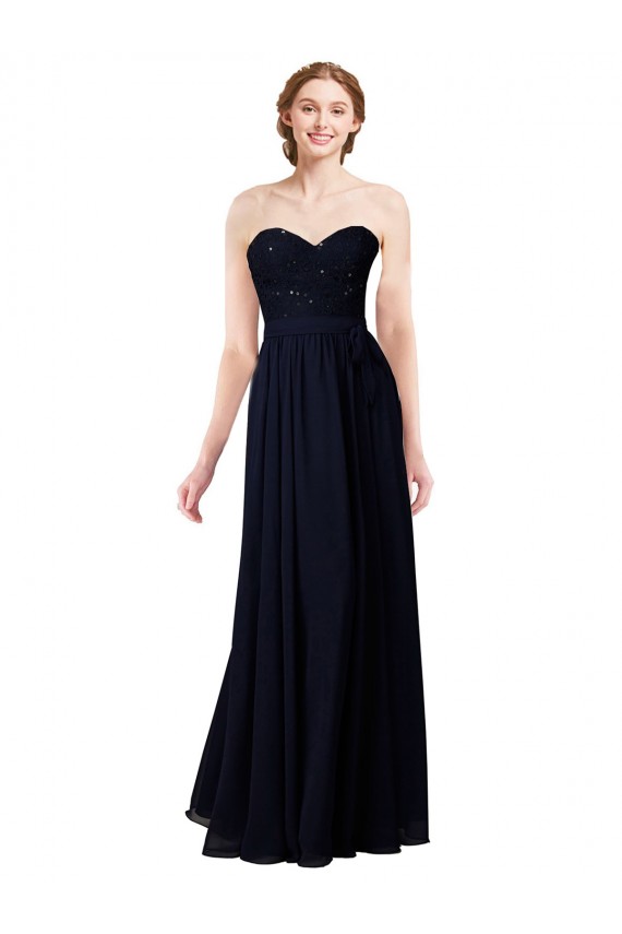 Compre Azul marina oscuro línea A Cuello de Corazón Gasa Largo Vestidos de dama de honor