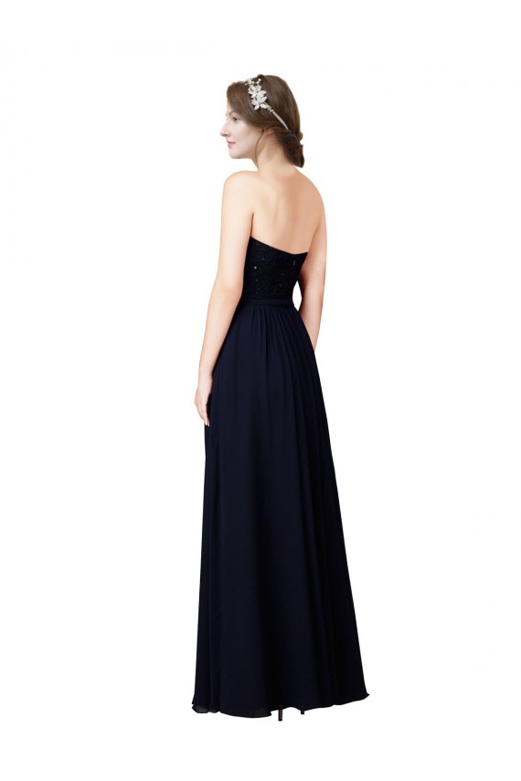 Compre Azul marina oscuro línea A Cuello de Corazón Gasa Largo Vestidos de dama de honor