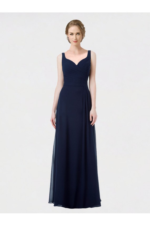 Compre Azul marina oscuro línea A Cuello de Corazón Gasa Largo Vestidos de dama de honor