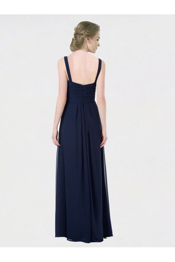 Compre Azul marina oscuro línea A Cuello de Corazón Gasa Largo Vestidos de dama de honor