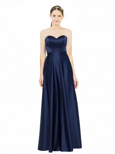 Compre Azul marina oscuro línea A Cuello de Corazón Satén elástico Largo Formales Vestidos de dama de honor / Vestidos de noche