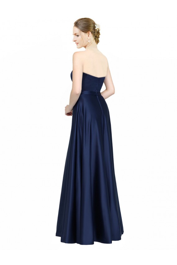 Compre Azul marina oscuro línea A Cuello de Corazón Satén elástico Largo Formales Vestidos de dama de honor / Vestidos de noche