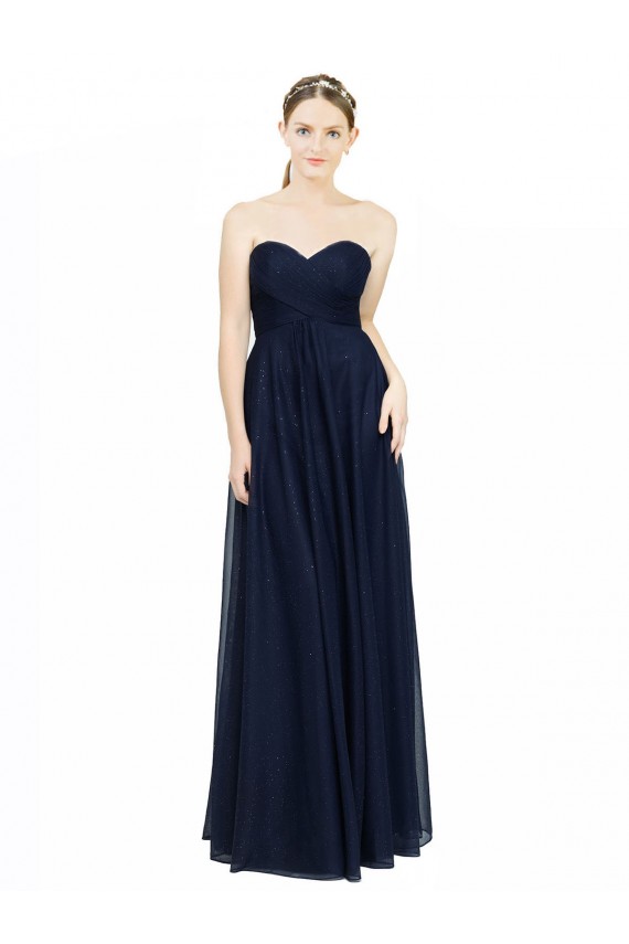 Compre Azul marina oscuro línea A Cuello de Corazón Sin tirantes Gasa Largo Vestidos de dama de honor