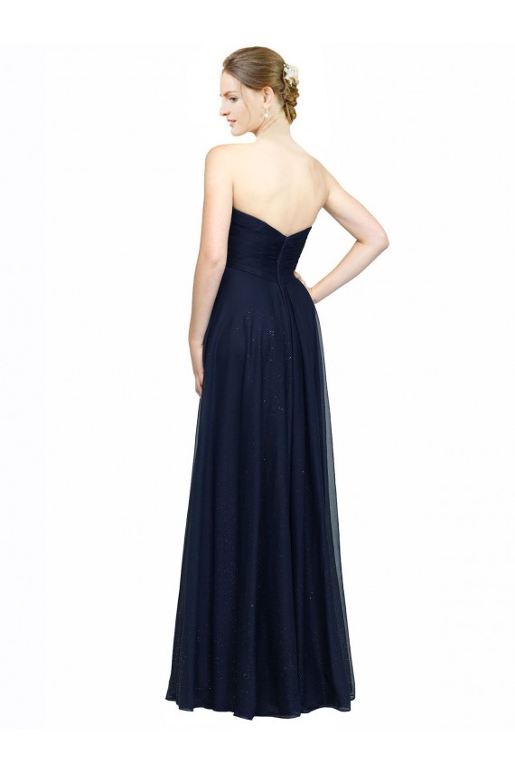 Compre Azul marina oscuro línea A Cuello de Corazón Sin tirantes Gasa Largo Vestidos de dama de honor
