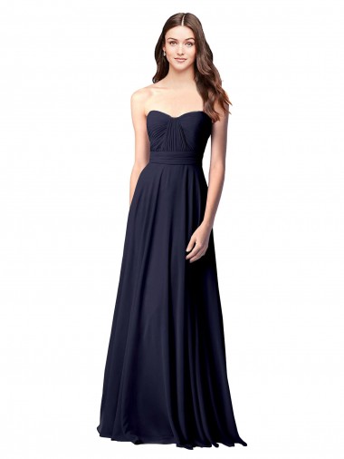 Compre Azul marina oscuro línea A Cuello de Corazón Sin tirantes Gasa Largo Vestidos de dama de honor