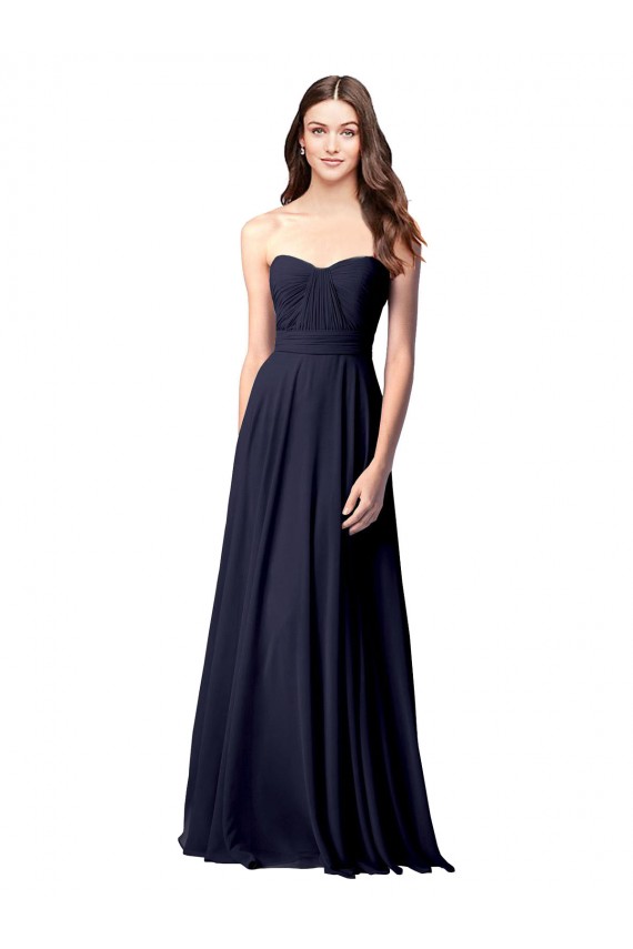 Compre Azul marina oscuro línea A Cuello de Corazón Sin tirantes Gasa Largo Vestidos de dama de honor