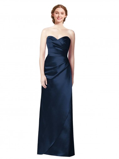 Compre Azul marina oscuro línea A Cuello de Corazón Sin tirantes Satén Largo Vestidos de dama de honor