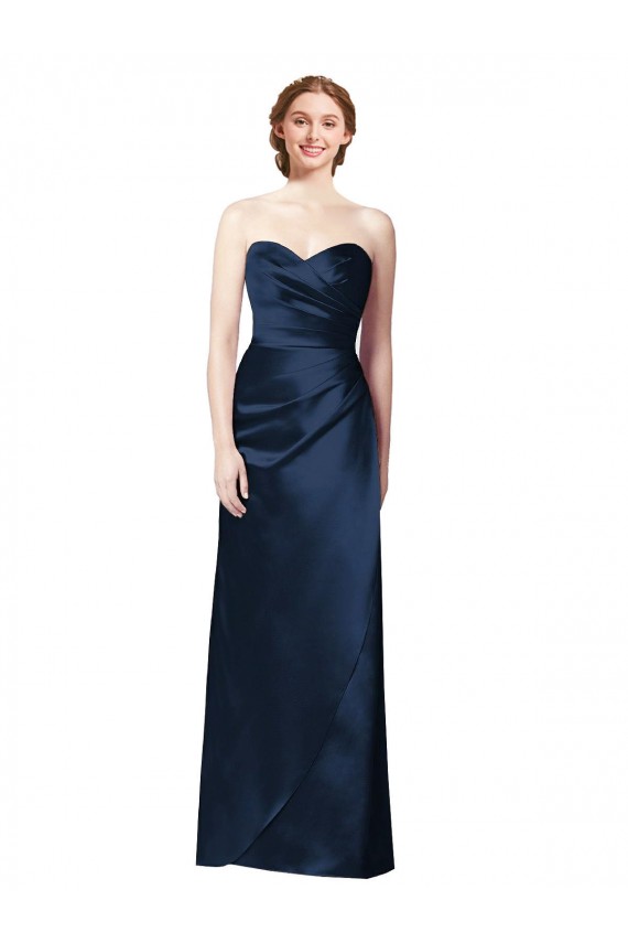 Compre Azul marina oscuro línea A Cuello de Corazón Sin tirantes Satén Largo Vestidos de dama de honor