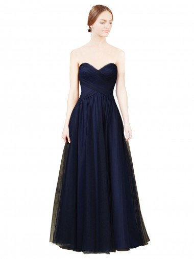 Compre Azul marina oscuro línea A Cuello de Corazón Sin tirantes Tul Largo Vestidos de dama de honor