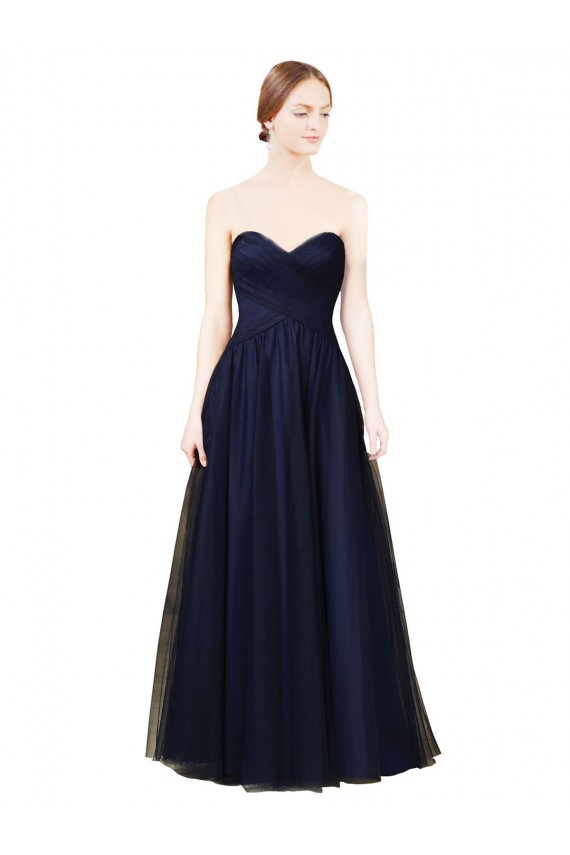 Compre Azul marina oscuro línea A Cuello de Corazón Sin tirantes Tul Largo Vestidos de dama de honor