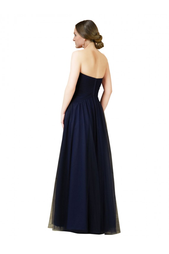 Compre Azul marina oscuro línea A Cuello de Corazón Sin tirantes Tul Largo Vestidos de dama de honor