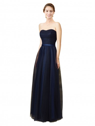 Compre Azul marina oscuro línea A Cuello de Corazón Sin tirantes Tul Largo Vestidos de dama de honor