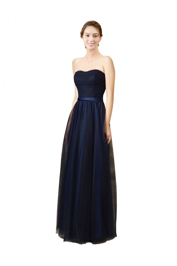 Compre Azul marina oscuro línea A Cuello de Corazón Sin tirantes Tul Largo Vestidos de dama de honor
