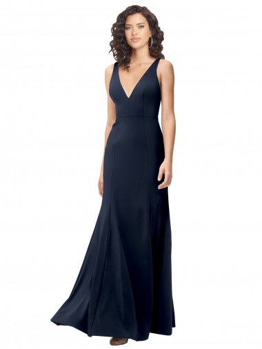 Compre Azul marina oscuro línea A Cuello en V Cuello Alto Crepé Elástico Largo Formales Vestidos de dama de honor / Vestidos de fiesta