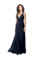 Compre Azul marina oscuro línea A Cuello en V Cuello Alto Crepé Elástico Largo Formales Vestidos de dama de honor / Vestidos de fiesta