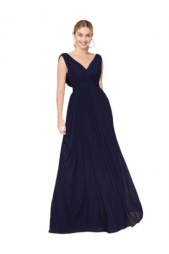 Compre Azul marina oscuro línea A Cuello en V Cuello Alto Gasa Largo Formales Vestidos de dama de honor / Vestidos de fiesta