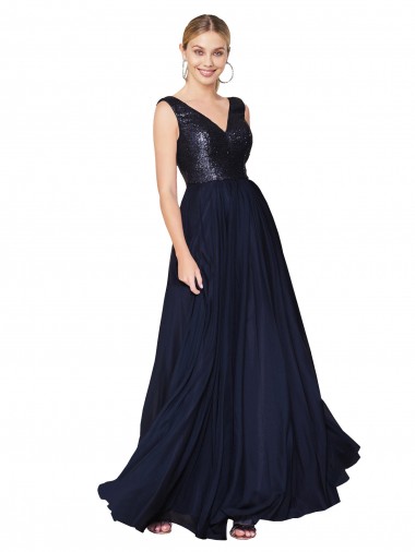 Compre Azul marina oscuro línea A Cuello en V Cuello Alto Gasa Lentejuela Largo Vestidos de dama de honor / Vestidos de fiesta