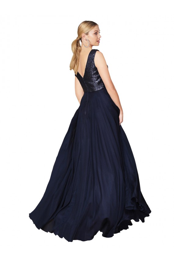 Compre Azul marina oscuro línea A Cuello en V Cuello Alto Gasa Lentejuela Largo Vestidos de dama de honor / Vestidos de fiesta